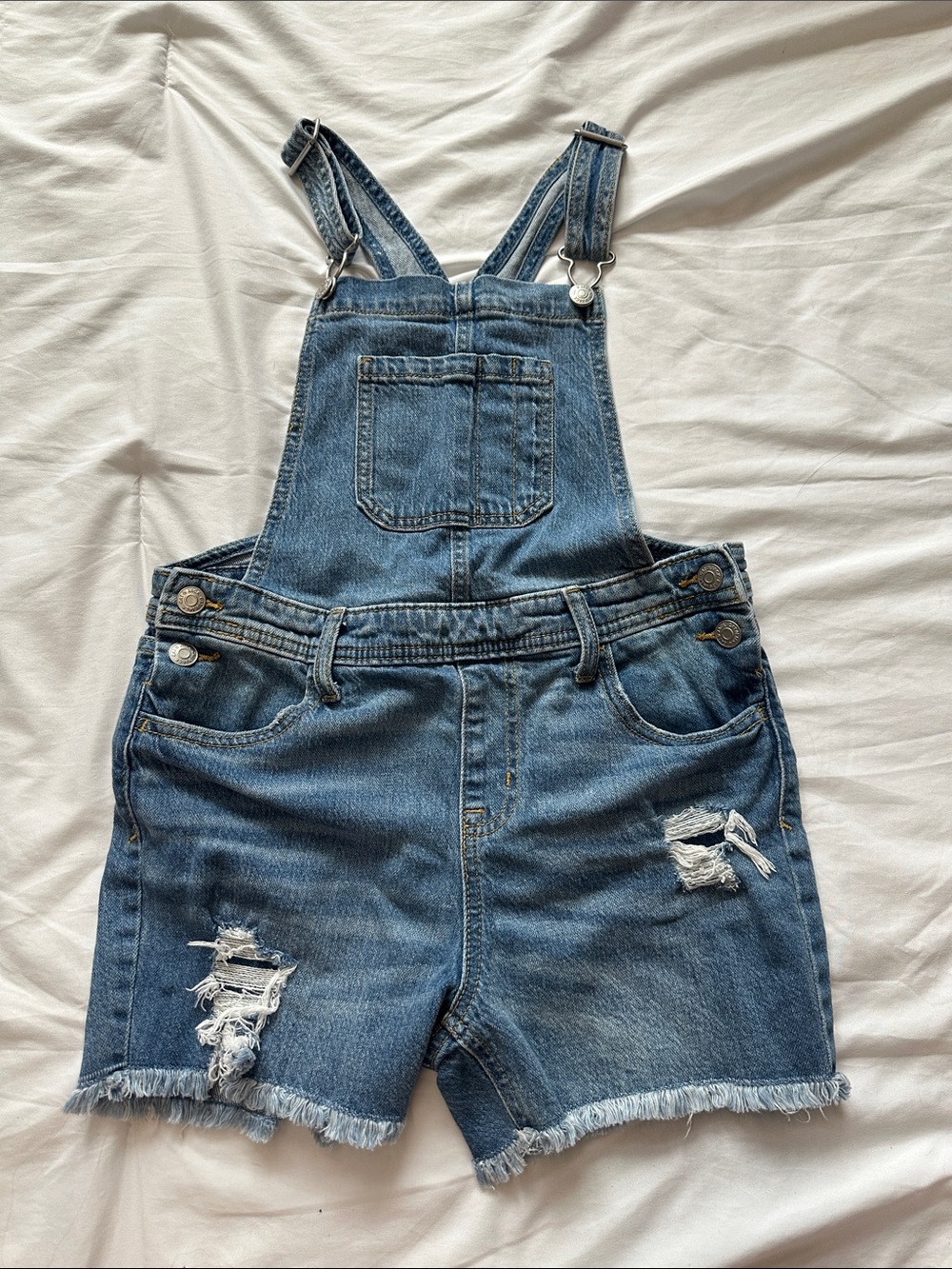 Cat & Jack Denim Blue Distressed Short Overalls XL 14
